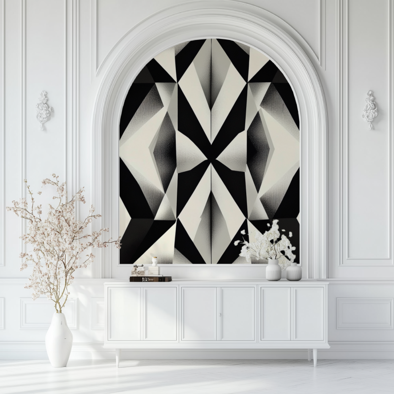 Papier peint vintage noir et gris formes geo salon blanc