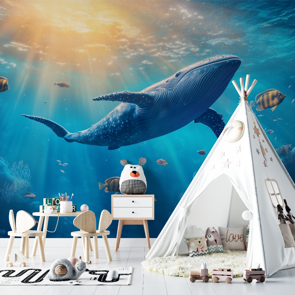Papier peint marin theme baleine et ocean chambre bebe