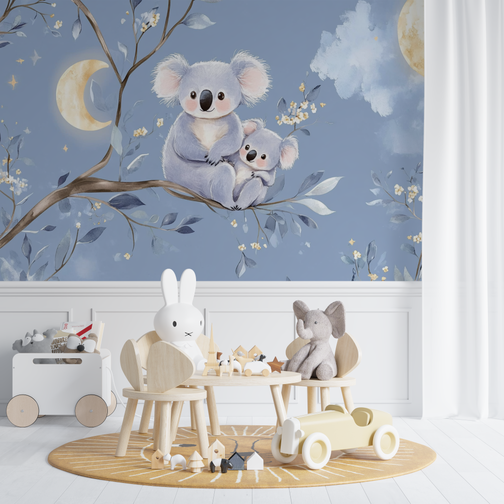 Papier peint koala pastel et lune doree chambre de bebe
