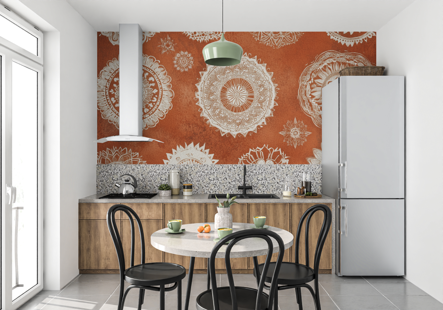 Papier peint terracotta mandala ethnique mur cuisine