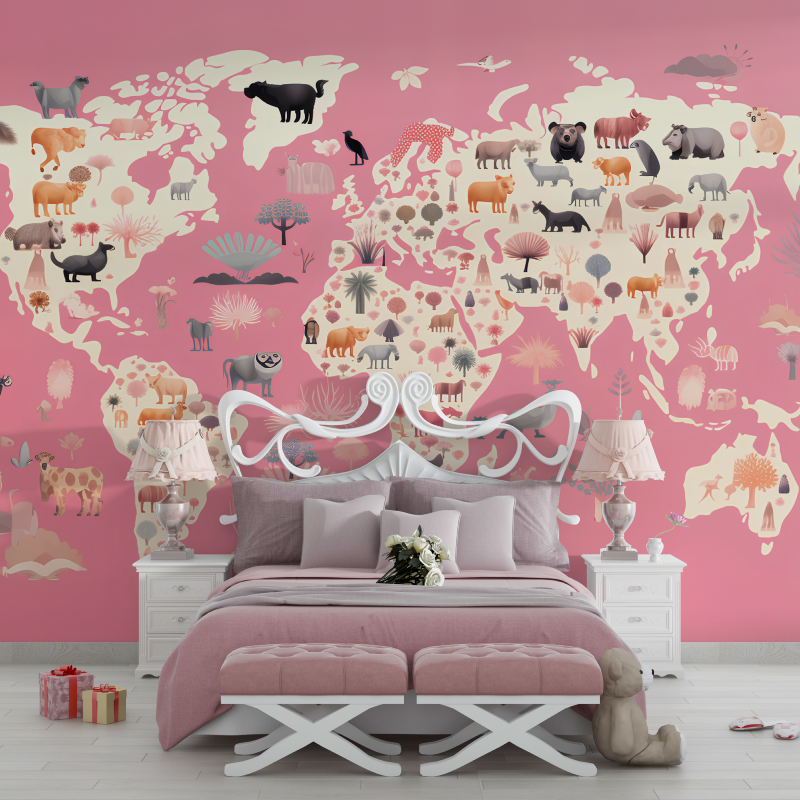 Papier peint carte du monde ani...enfant rose chambre filles