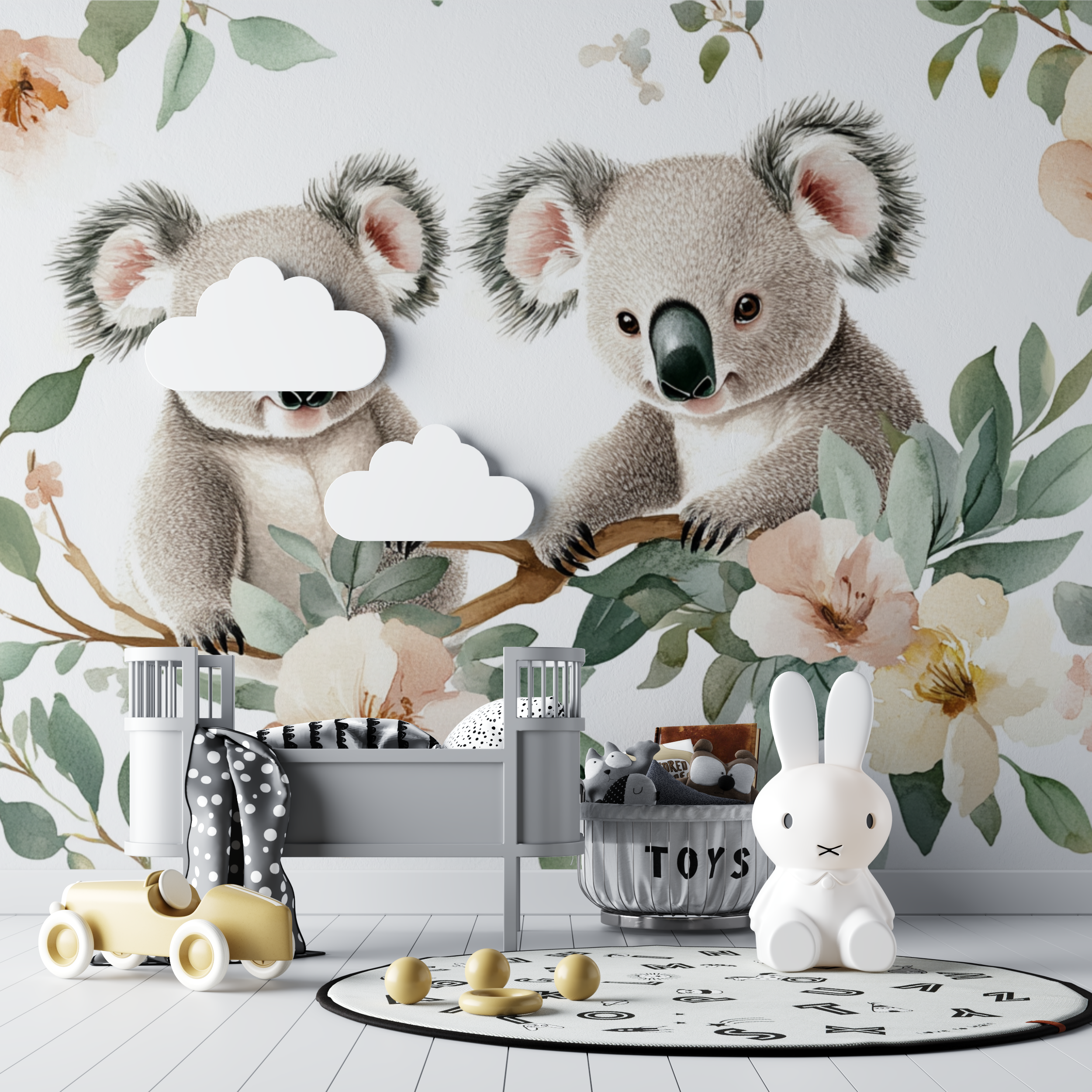Papier peint koala dans un champ de fleurs bebe tipi