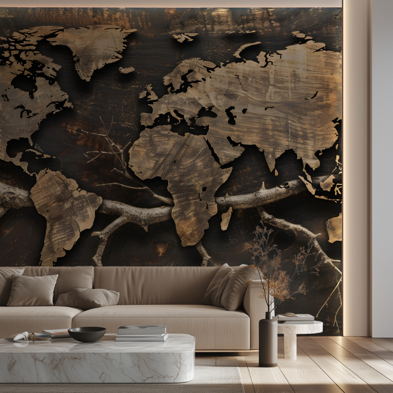 Papier peint carte du monde bois et branche canape neon