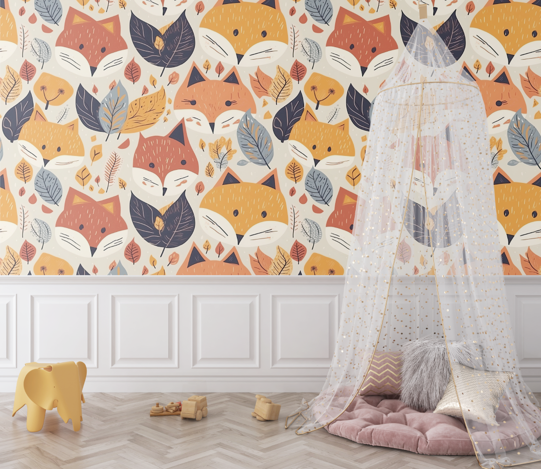 Papier peint renard et motifs colores bebe