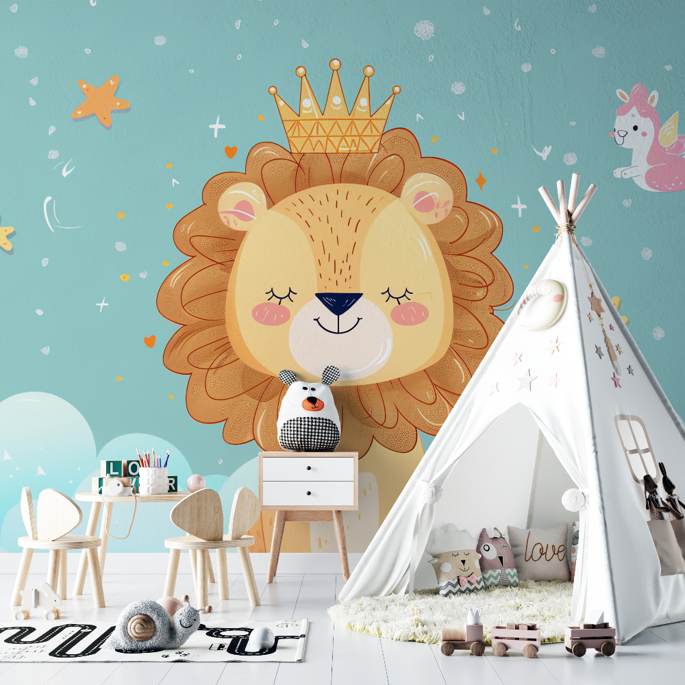 Papier peint lion bebe turquoise chambre bebe