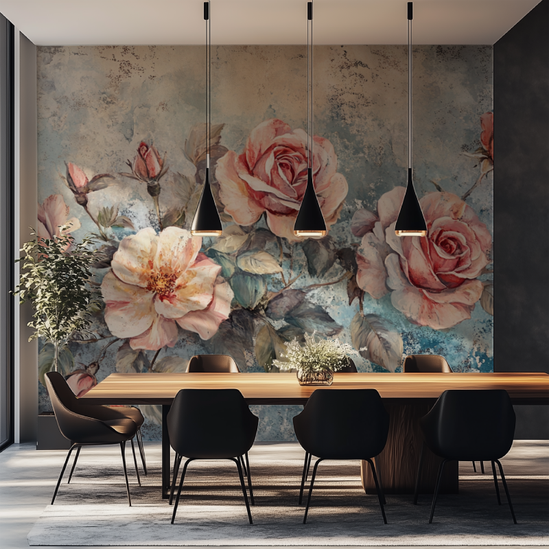 Papier peint fleur vintage salle manger tapisserie