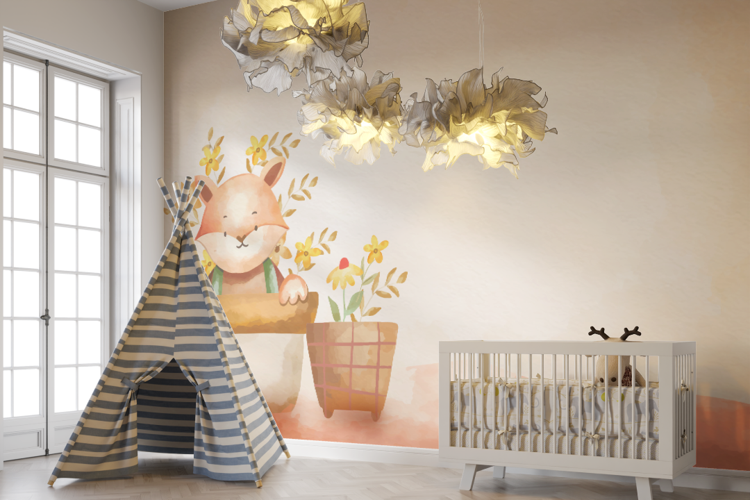 Papier peint bébé renard aquarelle - bebe unisexe