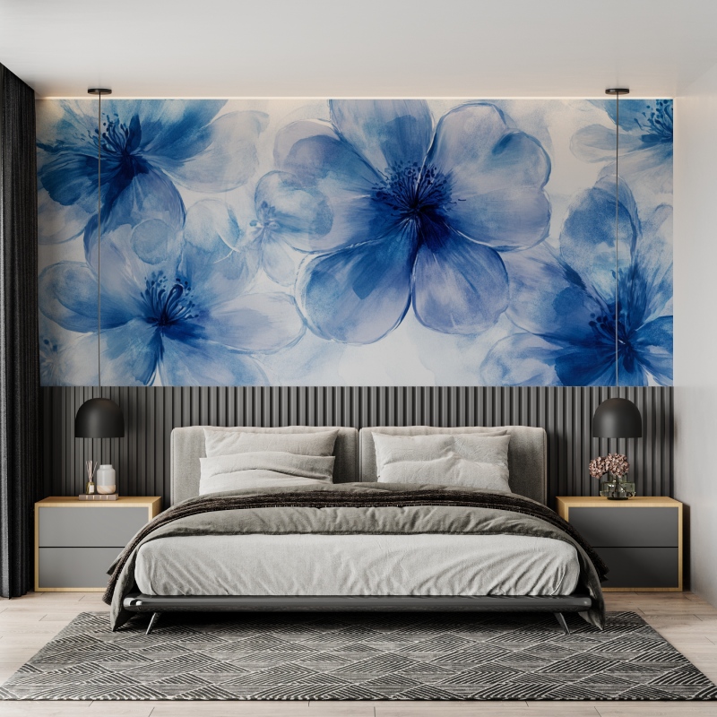 Papier peint grosses fleurs bleu mural adulte