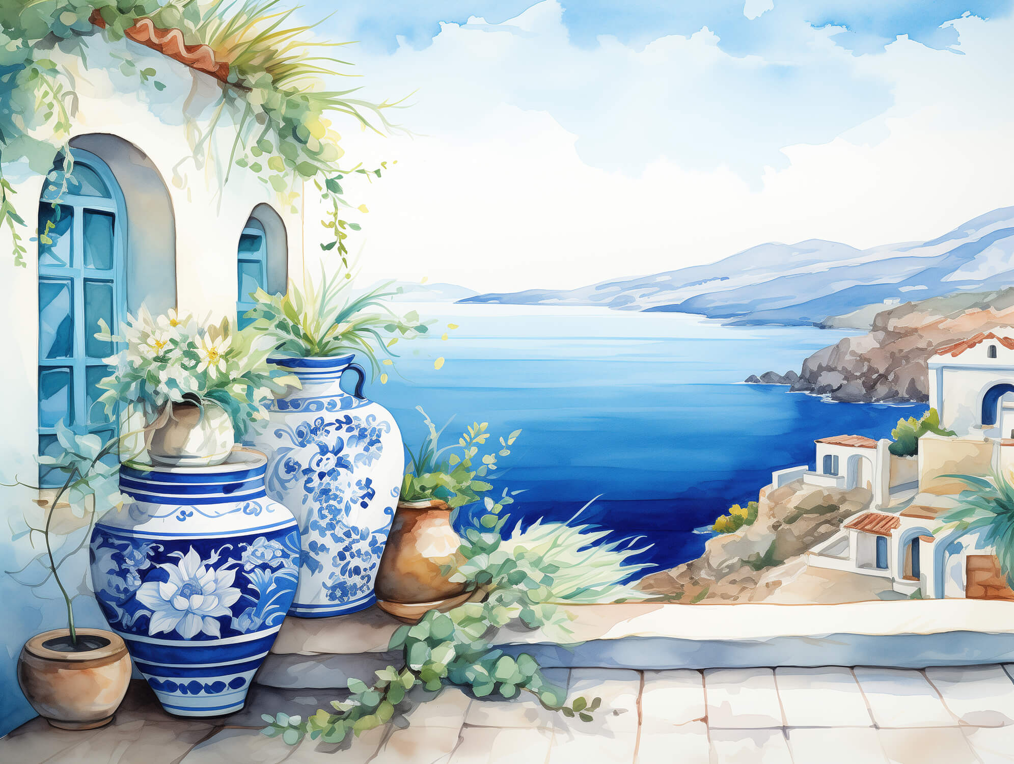 Papier Peint Aquarelle Paysage Grèce