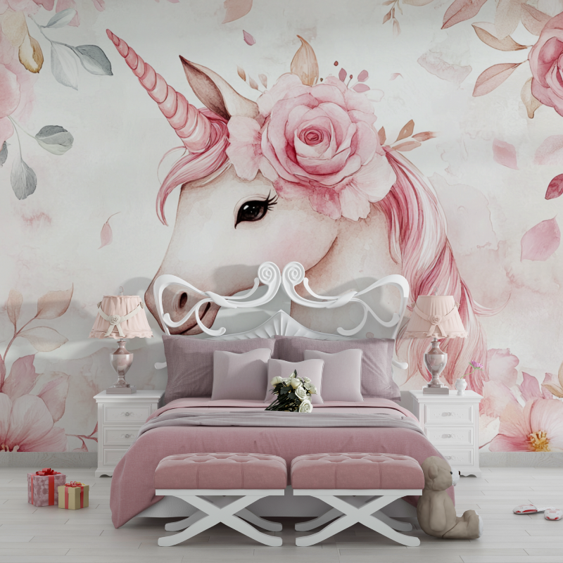 Papier peint theme licorne roya... fleur rose chambre filles