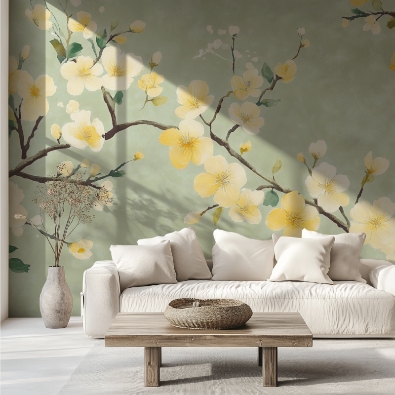 Papier peint fleur cerisier jaune canape tendance