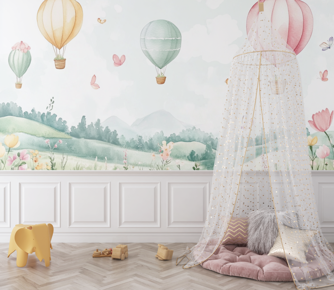 Papier peint montgolfiere et paysages champetres bebe