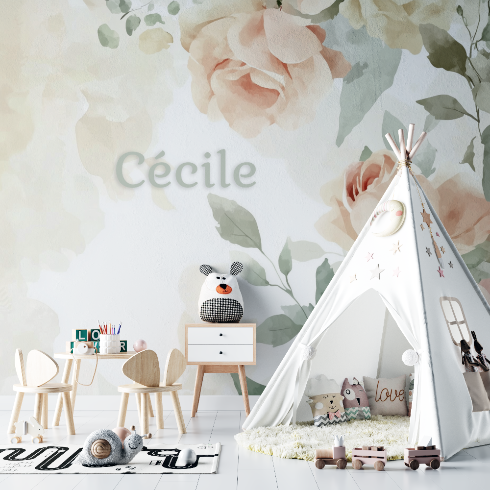 Papier peint prenom fleurs aquarelle chambre bebe