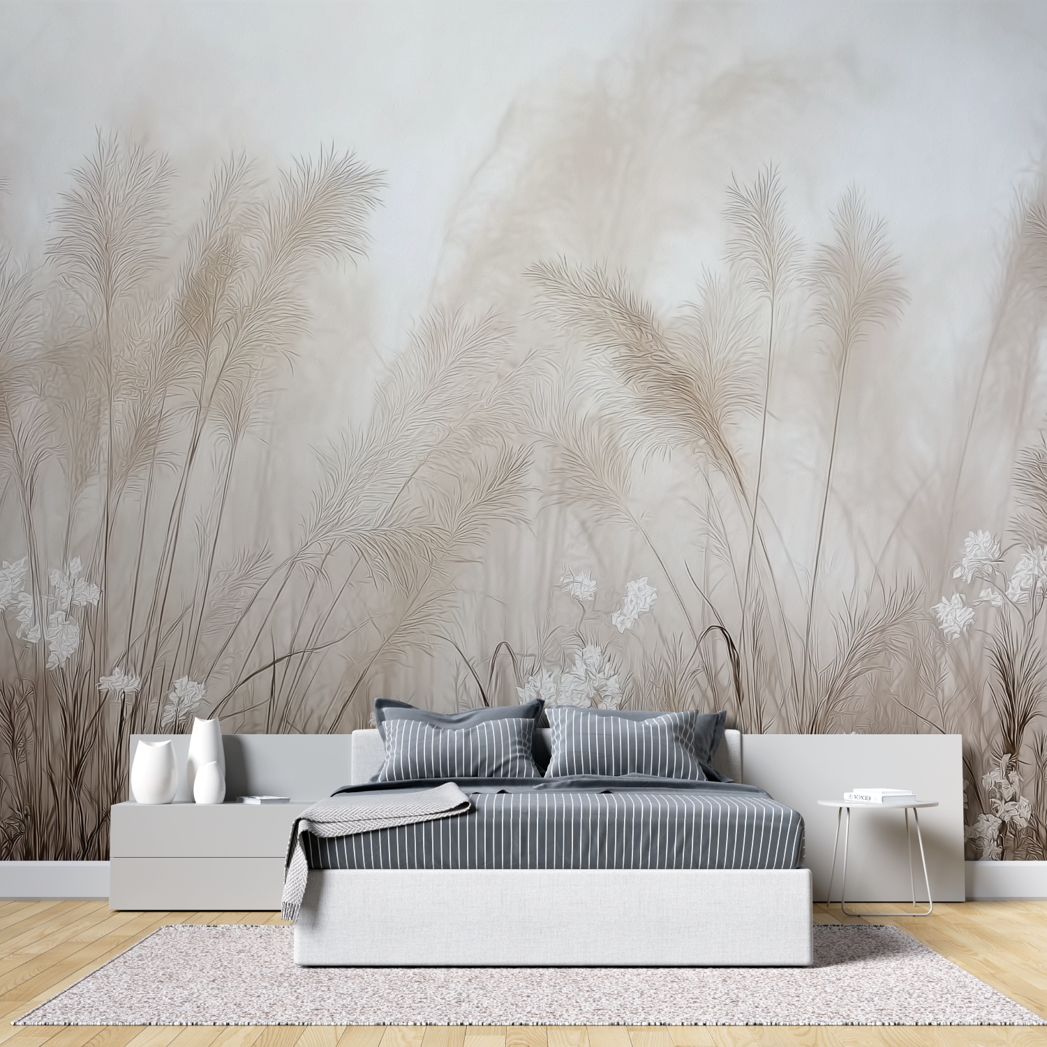 Beige light foliage mural wallpaper tete de lit