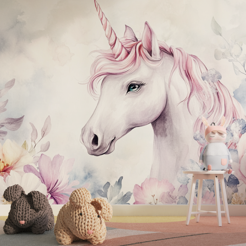 Papier peint mural licorne fleu...rale tapisserie pour fille