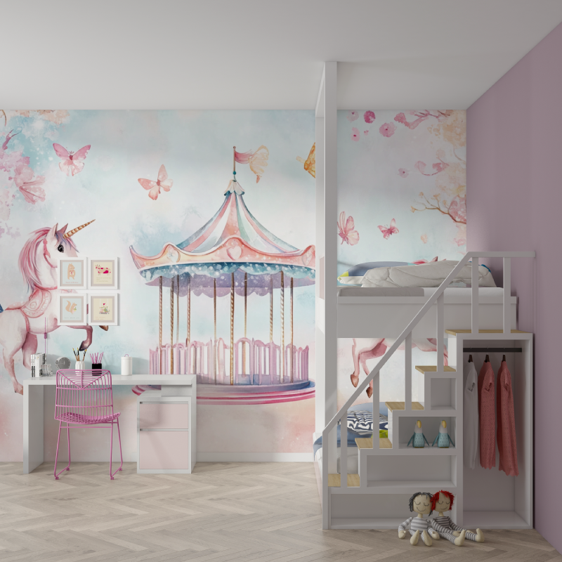 Papier peint licorne 4 murs fete carrousel mur chambre fille