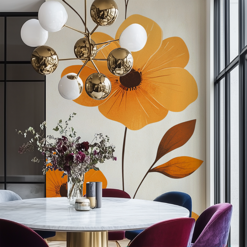 Papier peint vinyl a fleurs oranges vintage salon chaise