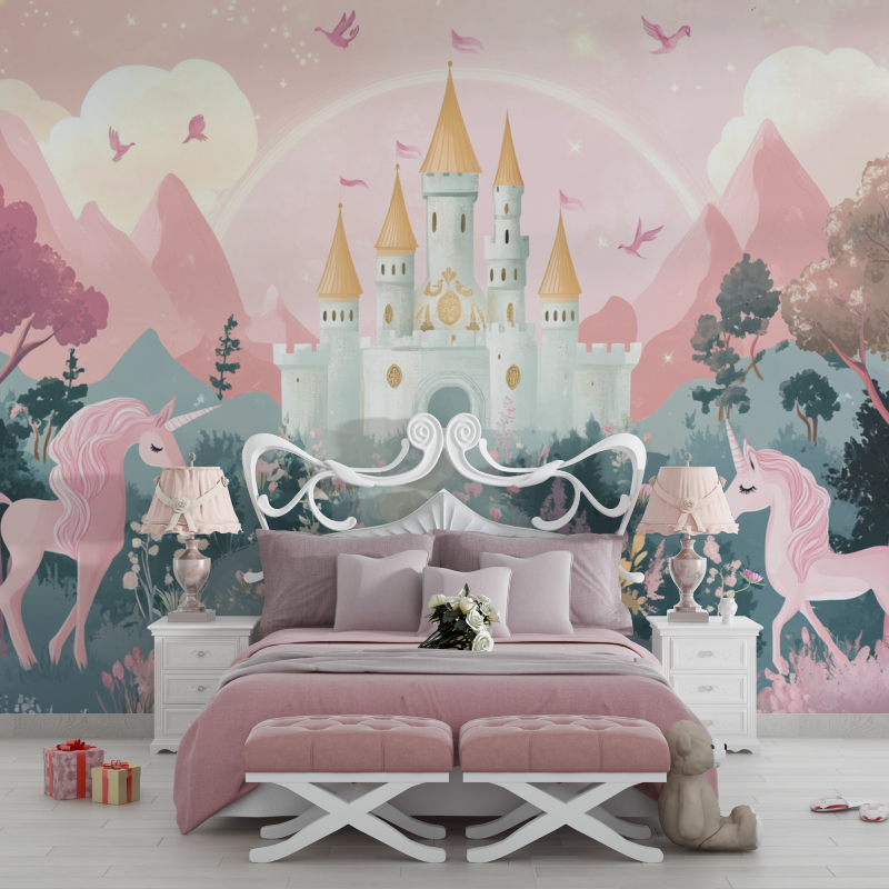 Papier peint licorne arc en ciel chambre filles