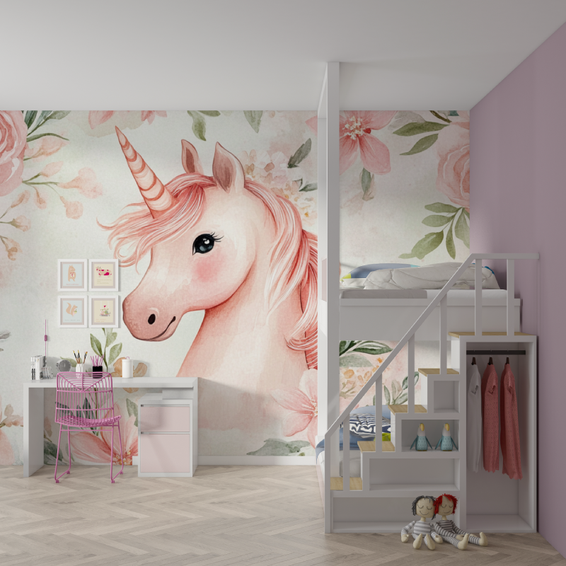 Papier peint licorne fleurs delicates mur chambre fille