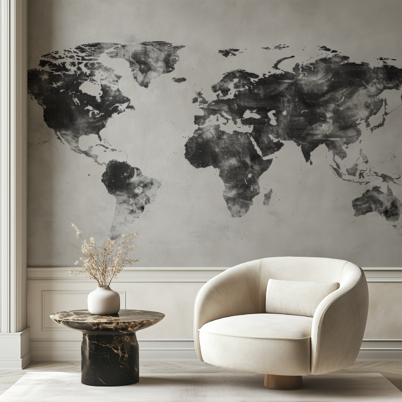Papier peint carte du monde noir et blanc chaise tendance