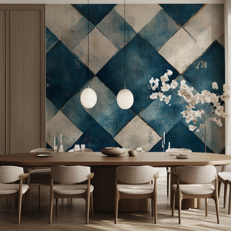 Papier peint vintage losange bleu salle manger tendance
