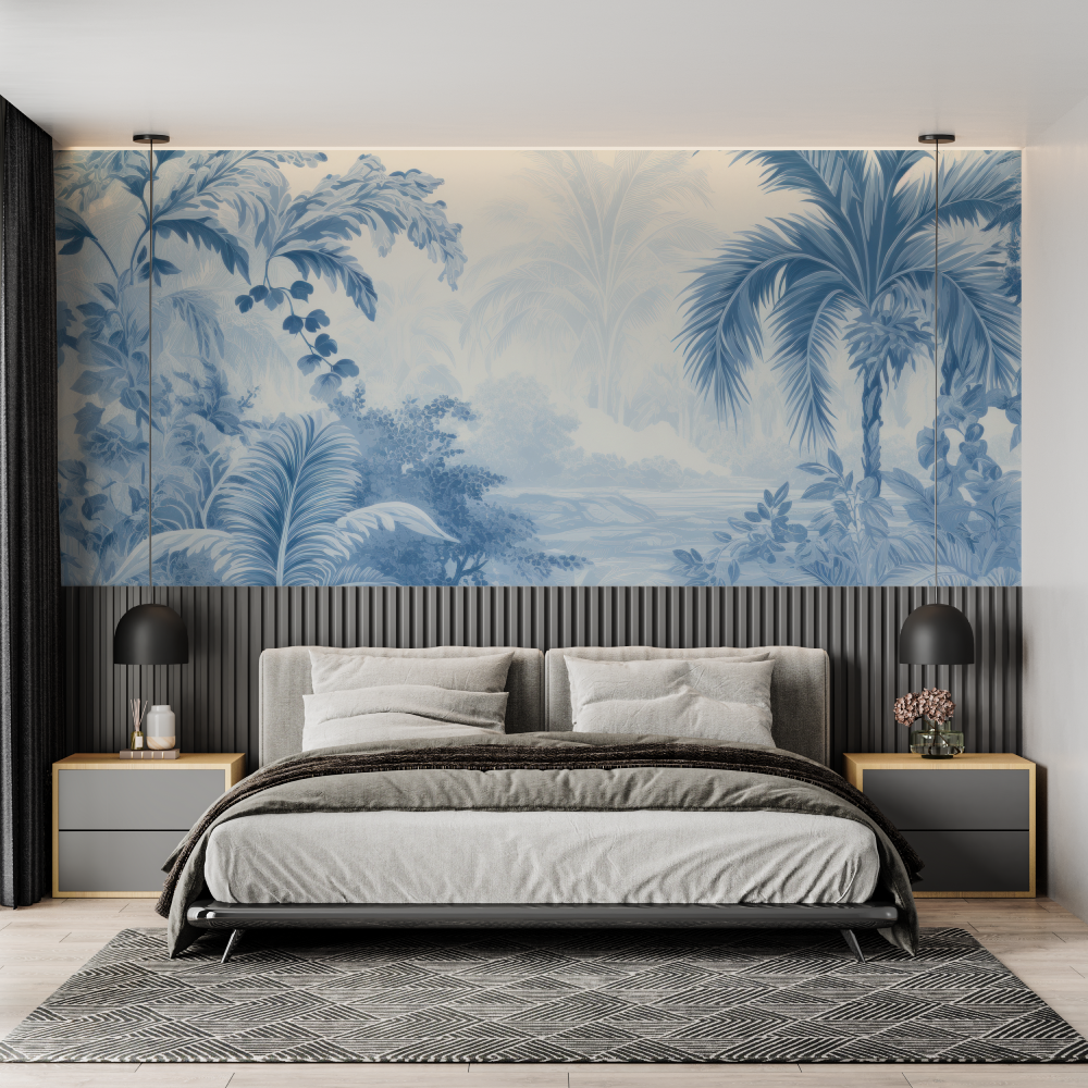 Papier Peint Panoramique Palmiers Bleu - panoramique mural