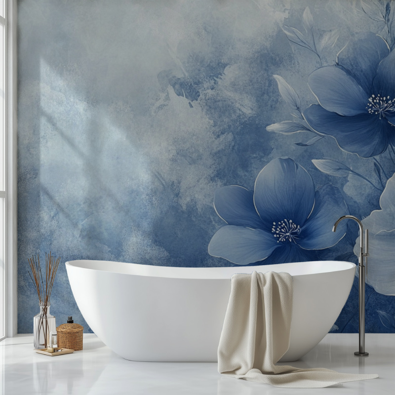 Papier peint fleur vintage bleue sdb
