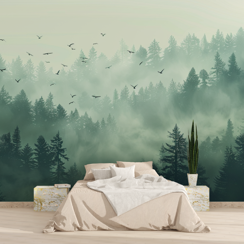 Papier peint brume matinale foret tapisserie 2025