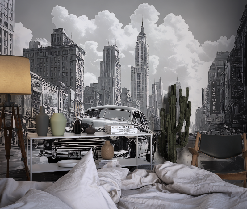 Papier peint noir et blanc retro voiture chambre dado1