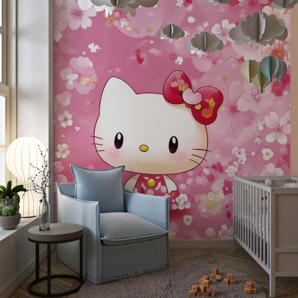 Papier peint hello kitty fleurs rose chambre de fille
