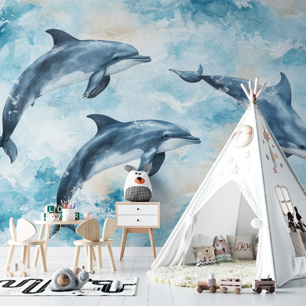 Papier peint marin aquarelle dauphins joyeux chambre bebe