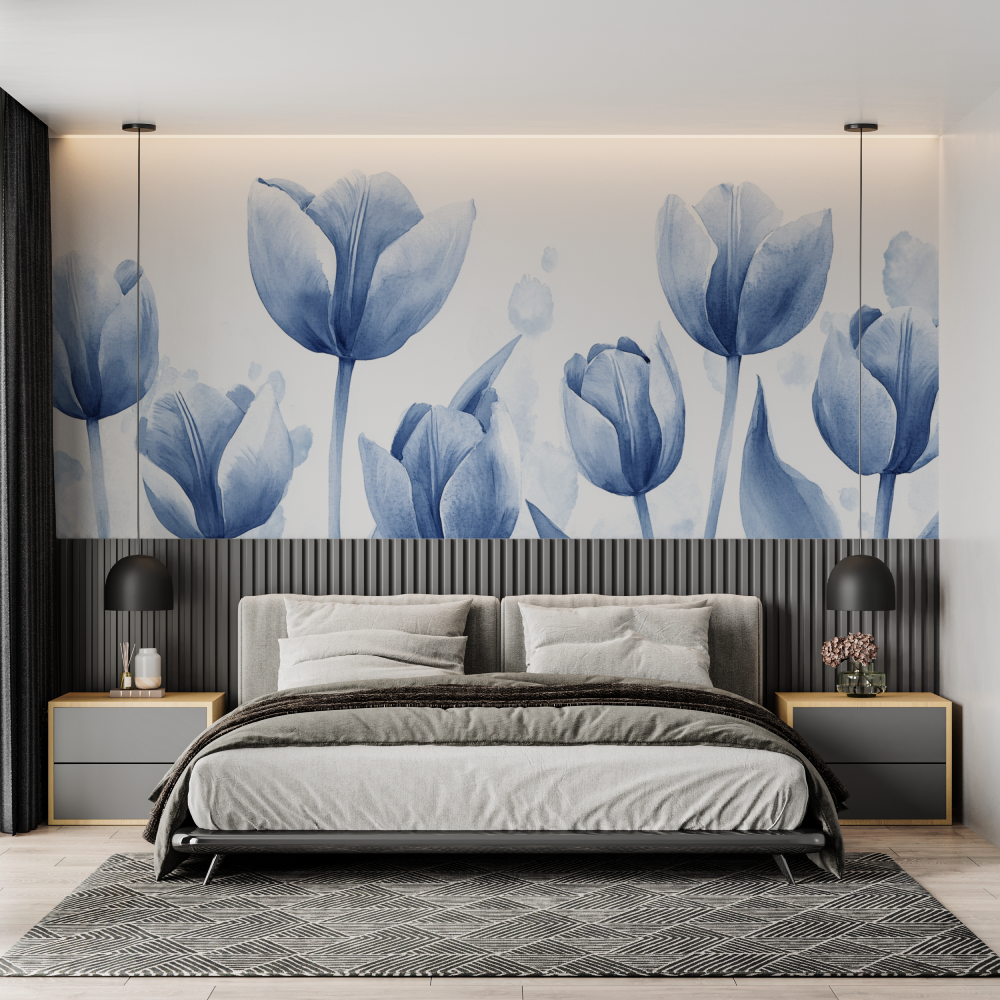 Papier peint aquarelle tulipes bleues chambre adulte