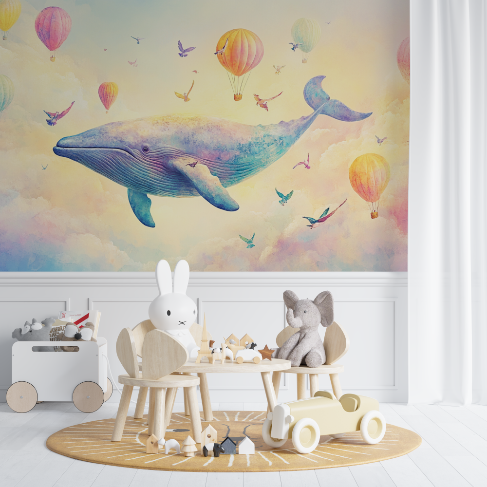 Papier peint baleine et montgolfiere chambre de bebe