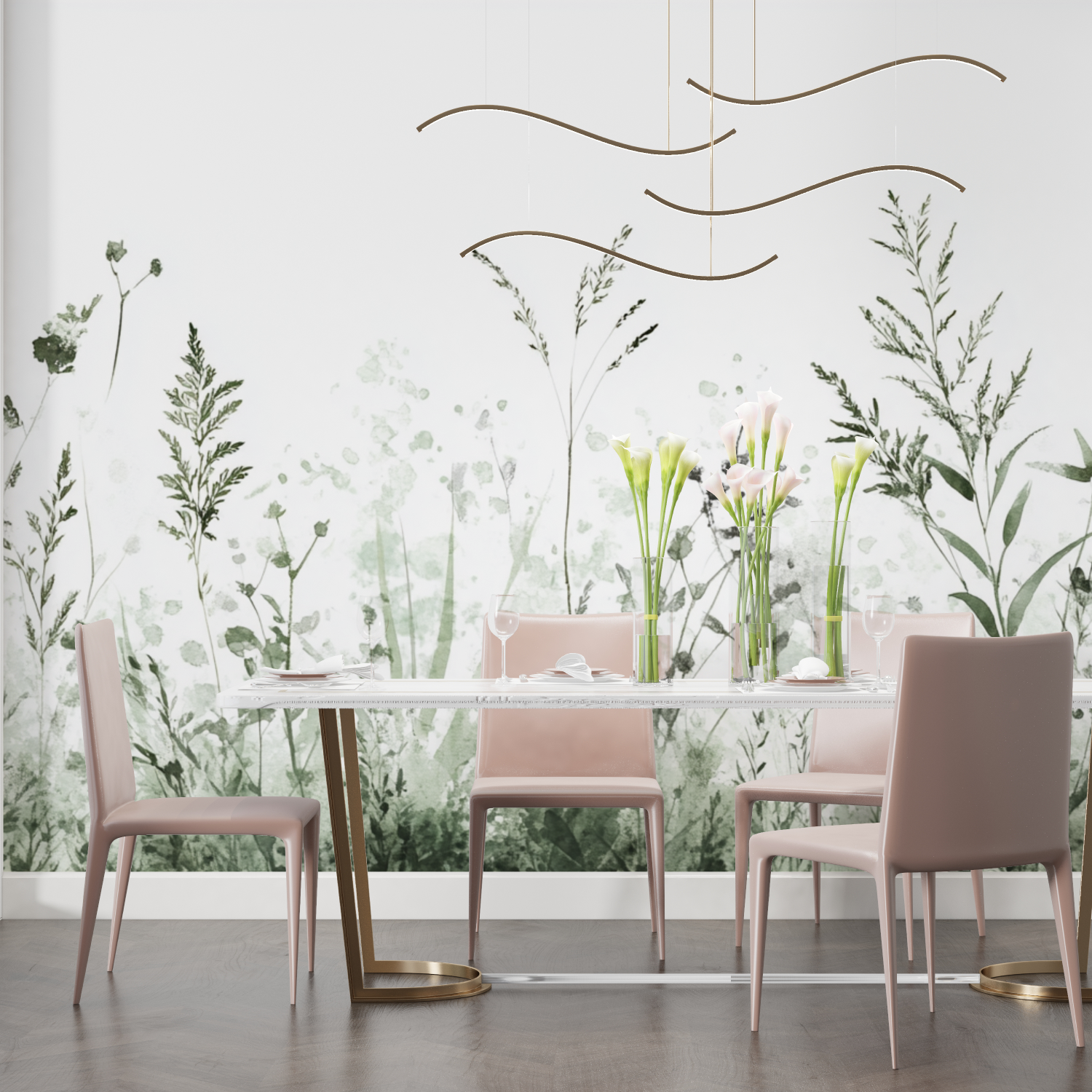 Papier peint aquarelle silhouettes de plantes sauvages salon