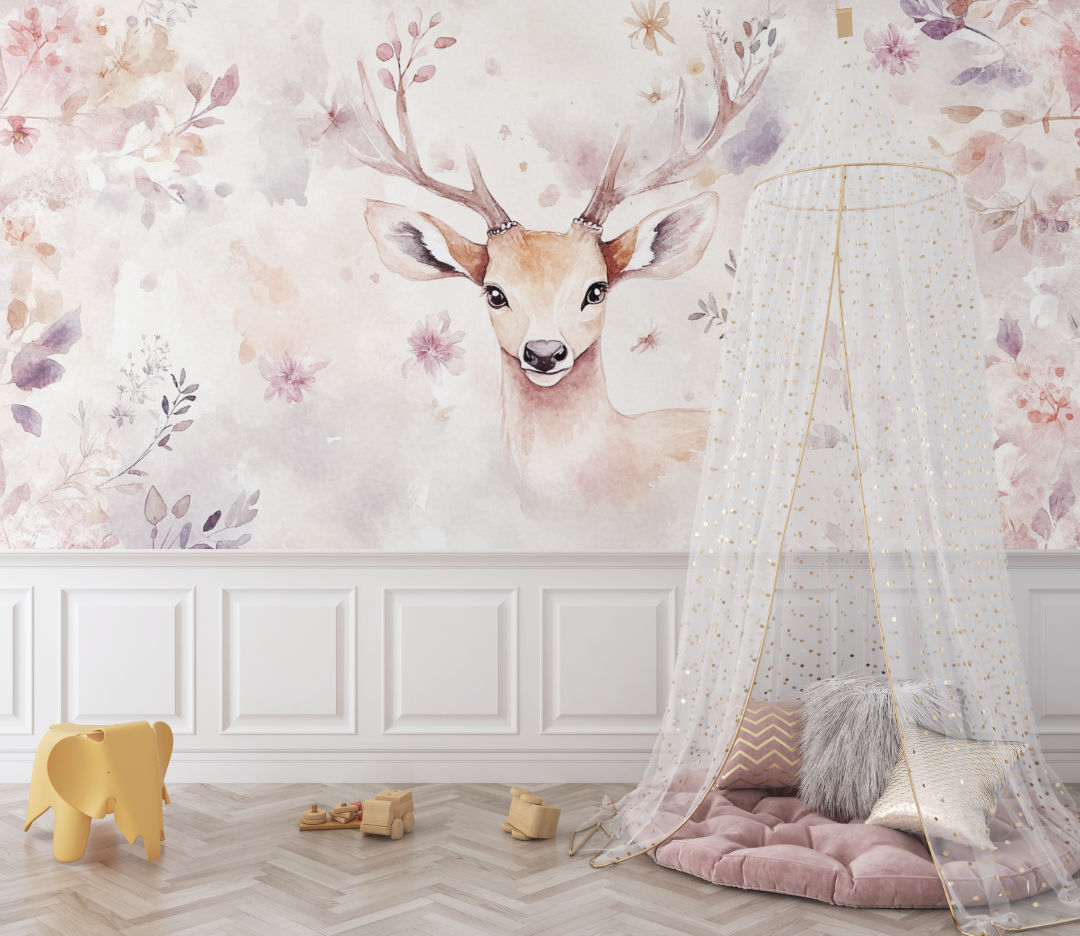 Papier peint animaux cerf couronne petites fleurs bebe