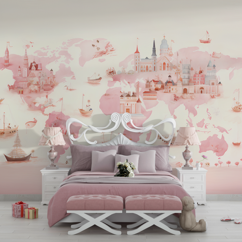 Papier peint carte du monde rose fille chambre filles
