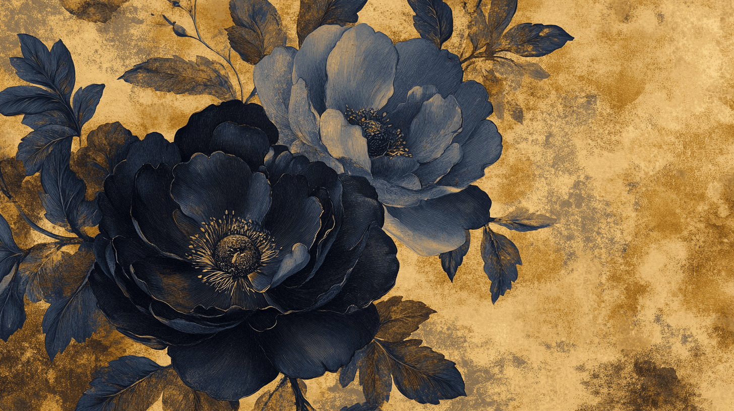 Papier Peint Noir Moutarde Bleu Fleur Vintage