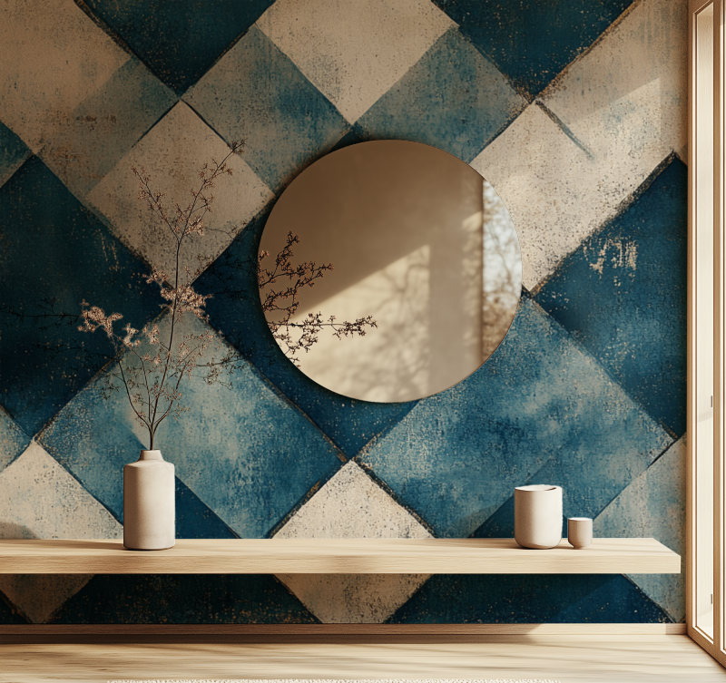 Papier peint vintage losange bleu miroir