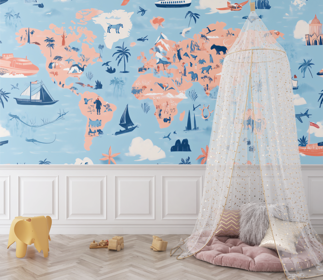 Papier peint chambre bebe carte du monde bebe