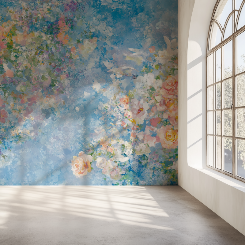 Papier peint fleur et oiseua mur simple