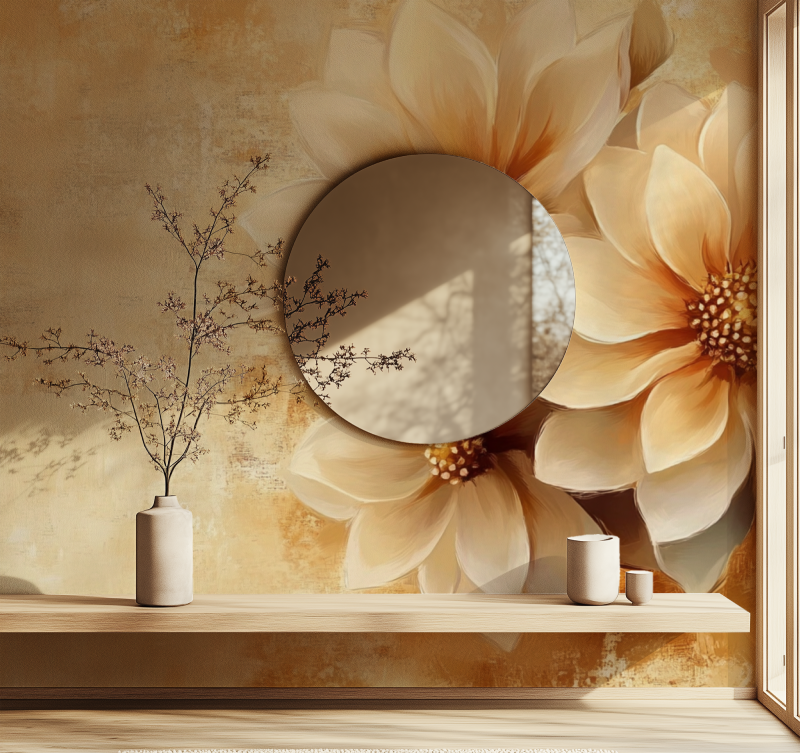 Papier peint fleuri vintage marron miroir