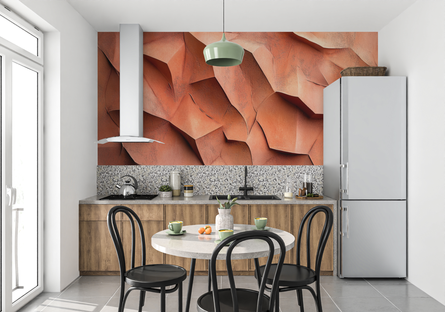 Papier peint terracotta effet platre sculpte mur cuisine