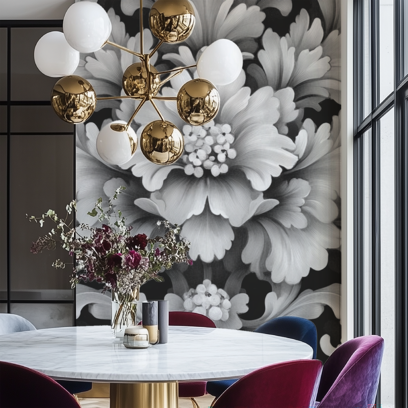 Papier peint vintage gris et blanc salon chaise