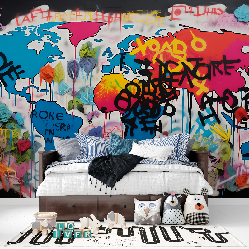 Papier peint carte du monde street art panoramique garcon