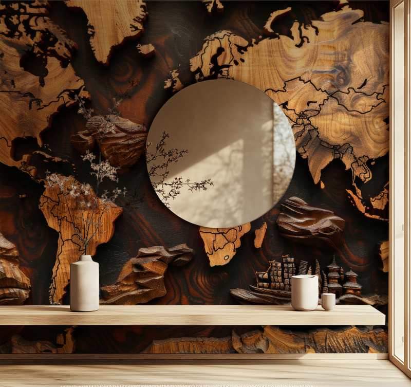 Papier peint carte du monde bois 3d miroir