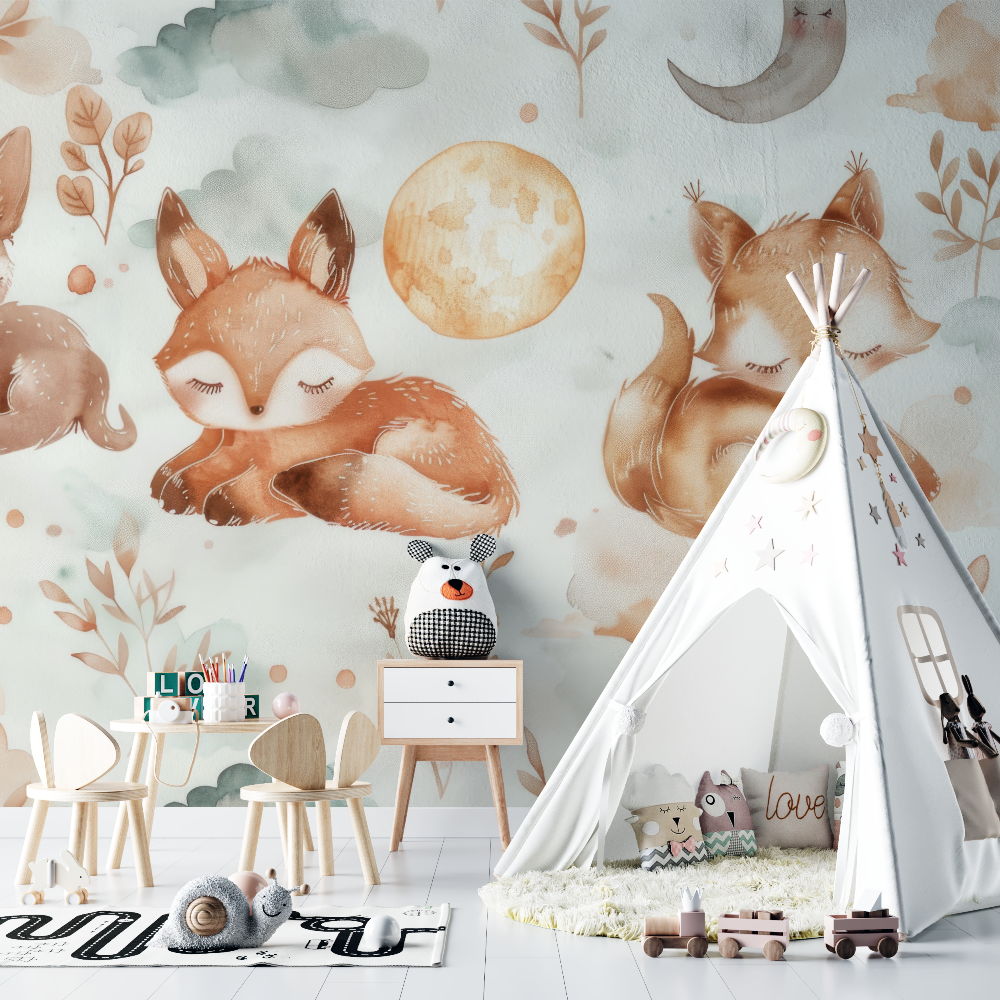 Papier peint bebe renards cocooning chambre bebe