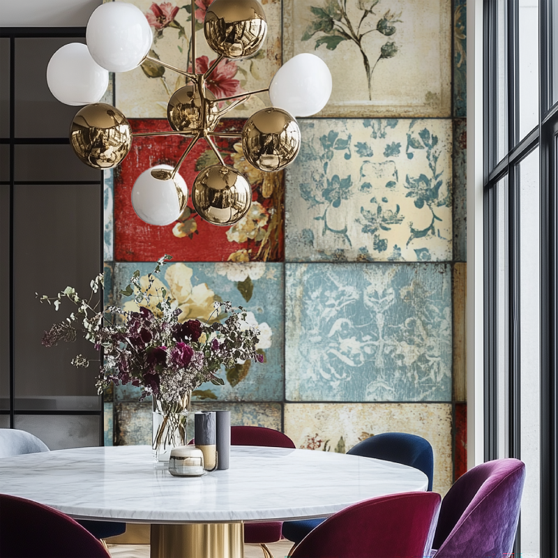 Papier peint vintage patchwork salon chaise