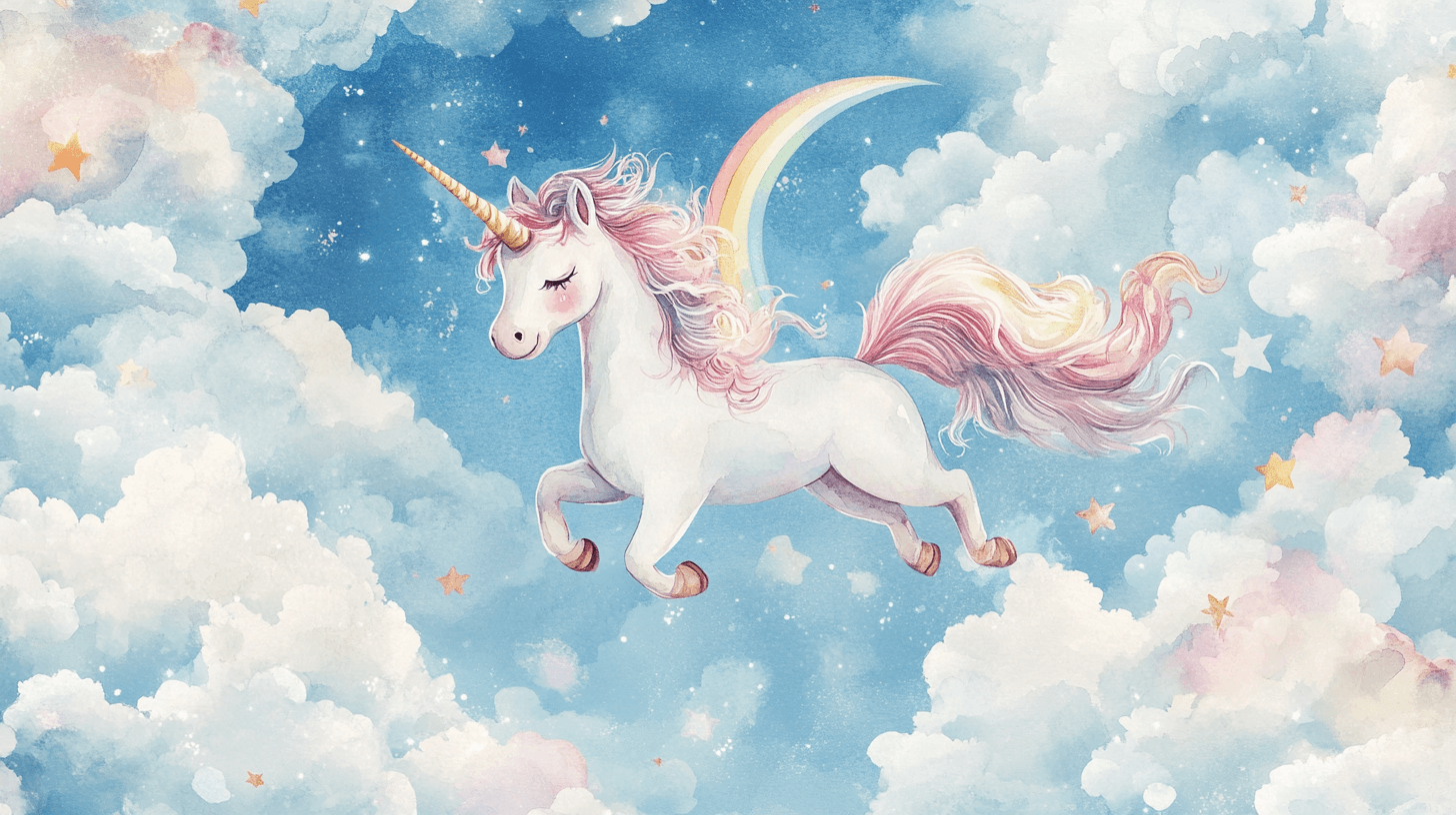 Papier Peint Décoration Licorne Pour Chambre Garçon Arc-En-Ciel Et Ciel Bleu