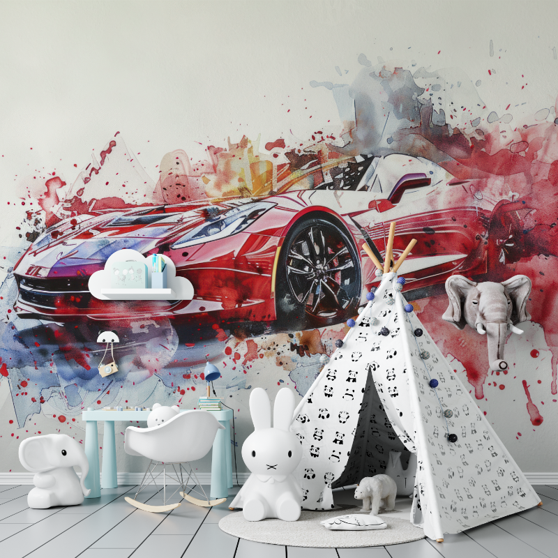Papier peint voiture sport rouge aquarelle tapisserie murs