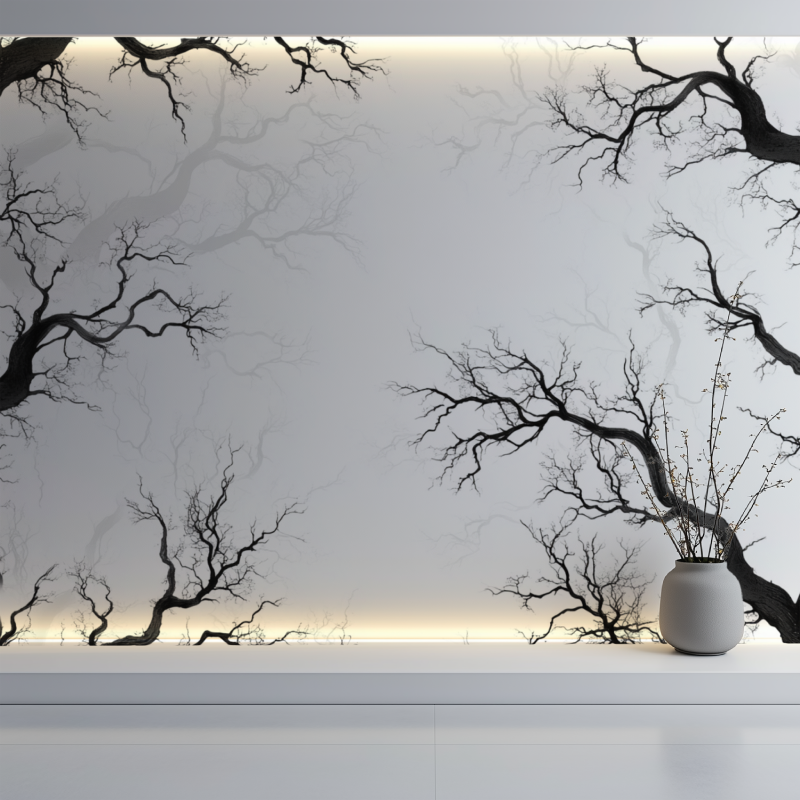Papier peint arbre noir et banc mur blanc